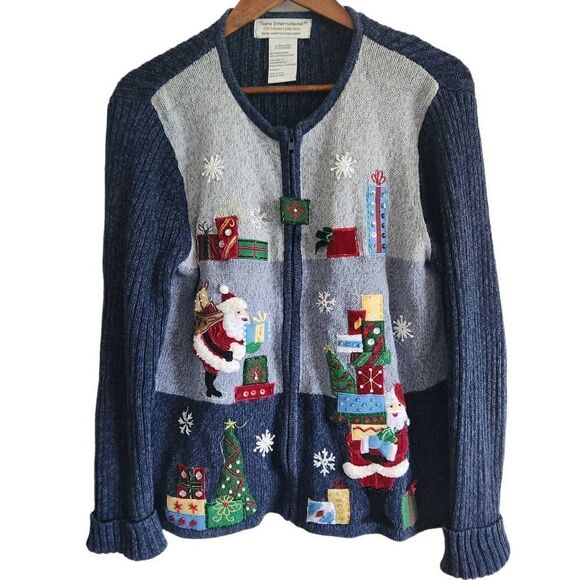 VTG Ugly Christmas Sweater Womens XL Cardigan Jacket Full Zip Santa Claus - Picture 1 of 4